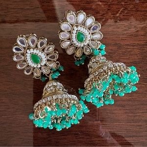 Earrings Statement Gold Green Turquoise Beads and Clear Crystal Embellishments